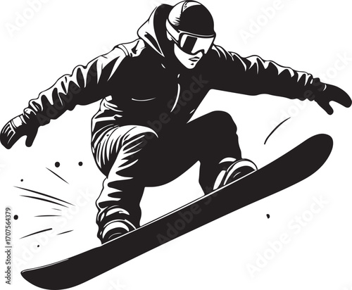Black and white illustration of a snowboarder in mid-air