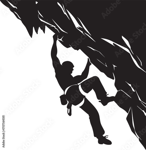 Black silhouette of a rock climber ascending a steep cliff face