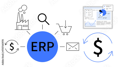 Central ERP connecting production, magnifying glass, shopping cart, email, analytics, and currency cycle. Ideal for manufacturing, supply chain, data integration automation finance analytics