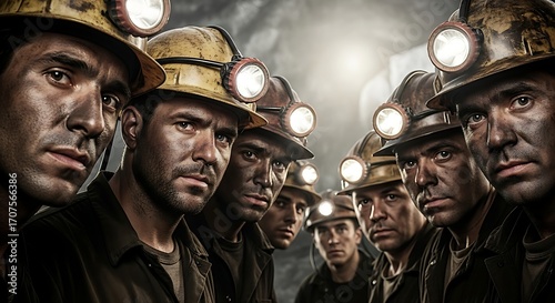 Group of Miners with Helmets and Headlamps Covered in Coal Dust Underground
