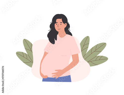 Loving pregnant woman gently holding her belly, radiating warmth, anticipation, and the deep bond between mother and unborn child. Maternity and prenatal connection. Flat style vector illustration.