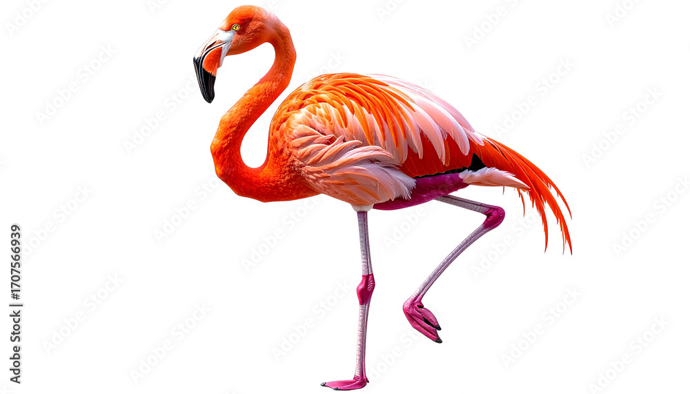 Obraz premium Pink Flamingo PNG, Exotic Bird, Transparent Background, Tropical Bird, Standing Flamingo, Elegant Wildlife Illustration, Summer Beach Decor, Decorative Bird