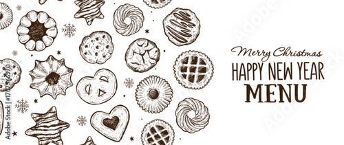 Cookie pattern on white, hand drawn illustration.	
