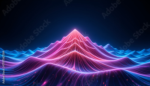 Stylized mountain peak rendered with glowing neon lines and particles, emerging from a sea of abstract, illuminated waves against a stark black background