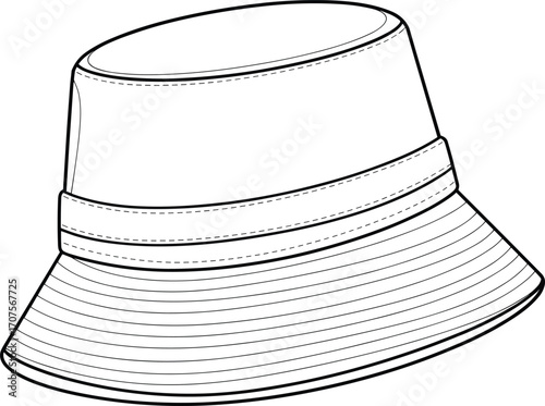 Bucket hat technical sketch, fashion flat drawing, headwear design template, detailed outline for apparel design, unisex bucket cap vector illustration