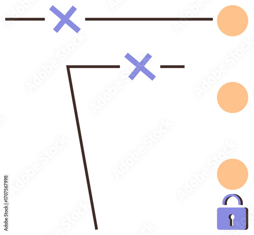Lines intersecting with crosses and circular nodes connected to a lock symbolize structured process, decision-making, and secure systems. Ideal for technology, process optimization, security, data