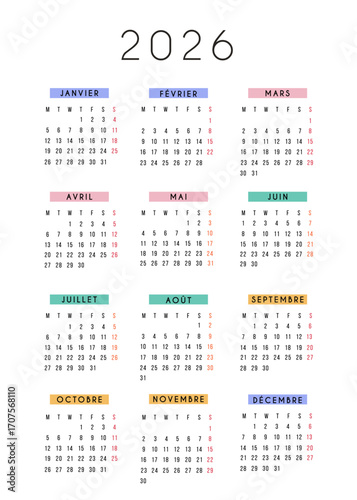 2026 calendar in modern square design with colorful monthly headers. Minimal typography and clean layout for planning and scheduling. Printable yearly planner template in Spanish language.