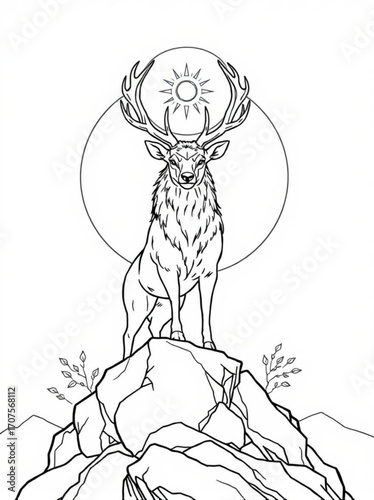 Minimilist a majestic deer standing atop a rocky mountain peak with a sun halo behind its antlers design art vector