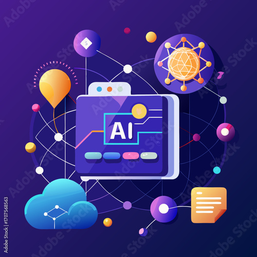 Artificial Intelligence (AI) landing page design, hi-tech blockchain network on neural network background.