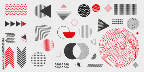 Abstract geometric shapes collection. Minimalist black and red line art, circles, triangles, waves, and patterns. Modern graphic elements for design, posters, web, presentations and backgrounds.