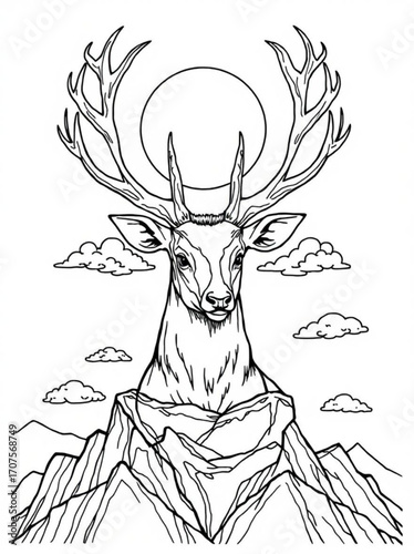 Minimilist a majestic deer with large antlers standing on a mountain peak under a full moon and cloudy sky view vector