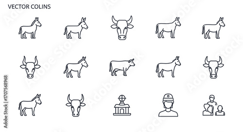 Line art illustrations of various farm animals and related objects.