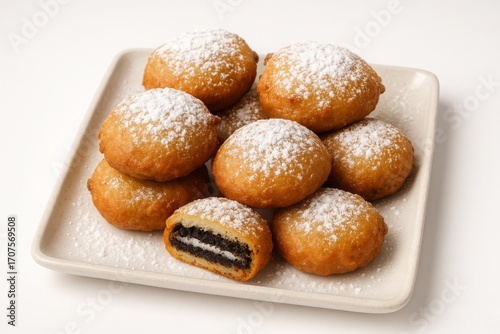 Plate of deep-fried Oreo cookies dusted with powdered sugar, one cut in half.