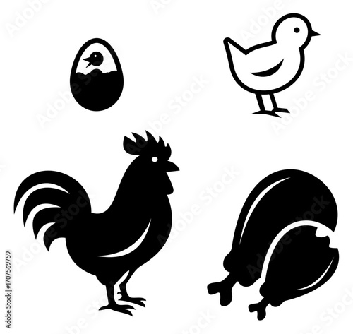 A set of black and white vector icons related to chickens. It includes a rooster, a chick, an egg hatching a chick, and two pieces of fried chicken.