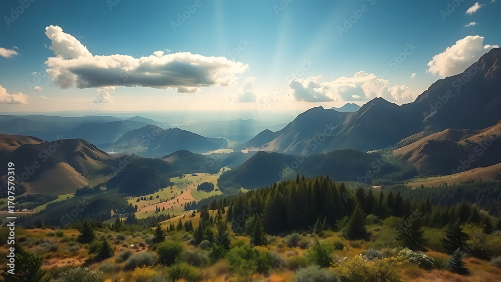 Fototapeta premium Mountain landscape photo Breathtaking view of valley and peaks Dramatic sunlight effect Nature photography High resolution image