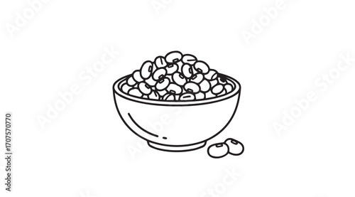 A simple line drawing silhouette of a bowl filled with beans and two beans outside silhouette