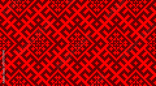 Traditional Ukrainian ornament vector, red and black cross-stitch seamless pattern, ethnic vyshyvanka embroidery, folk geometric background for print, fabric, clothing, website, banner, national