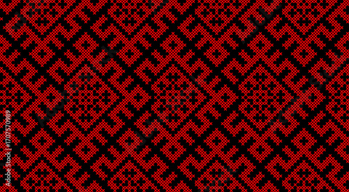 Traditional Ukrainian ornament vector, red and black cross-stitch seamless pattern, ethnic vyshyvanka embroidery, folk geometric background for print, fabric, clothing, website, banner, national
