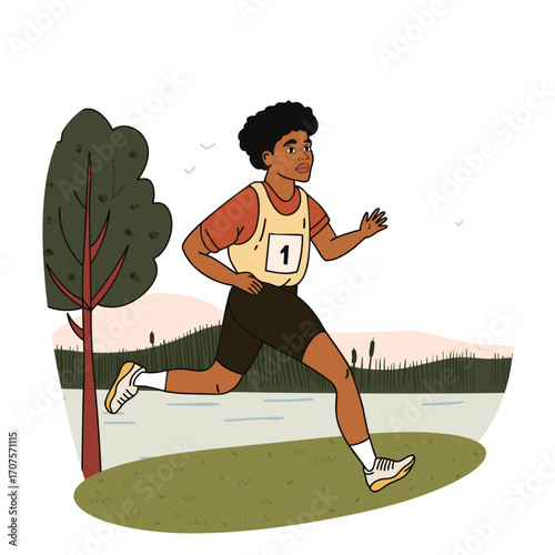 Runner Competing in Outdoor Race with Nature Background.