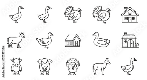 Line art illustrations of various farm animals and buildings, perfect for educational purposes.