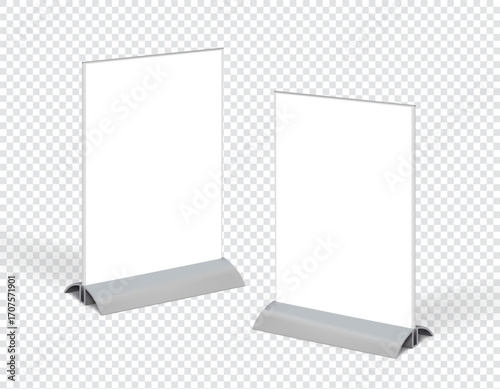 Desk Stand Mockup. Isolated mockup of a tabletop stand for menus, promotions and discounts in a cafe, in a hotel lobby, at the reception. Information desk stand. Table tent mockup