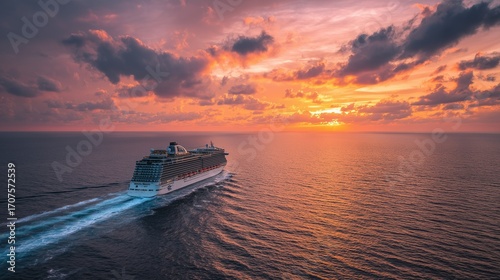 Modern cruise ship sailing across the ocean, vibrant sunset horizon, premium travel atmosphere
