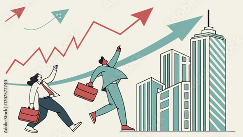 Business growth and success concept with people running towards financial goals and target