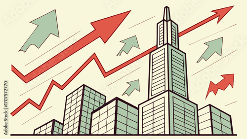 Stock market growth and financial success concept with rising arrows and buildings