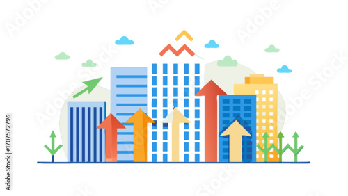 Stock market growth and financial success illustration with rising arrow and buildings