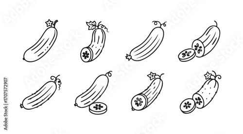 Collection of hand drawn cucumber illustrations in silhouette style
