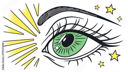 Eye illustration green eye with stars and light rays vector design drawing artwork