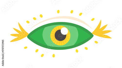 Green eye illustration vector graphic with eyelashes and yellow accents design art