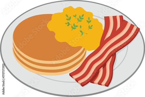 Delicious stack of golden pancakes with crispy bacon and fluffy scrambled eggs, a classic breakfast.