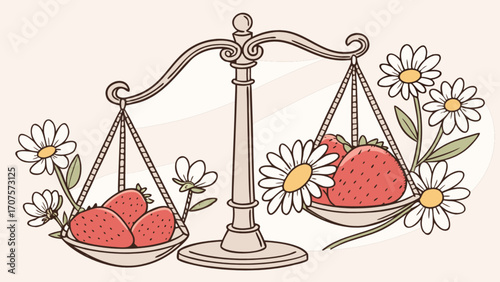 Strawberry scale balance with daisies vector illustration for food and nature lovers