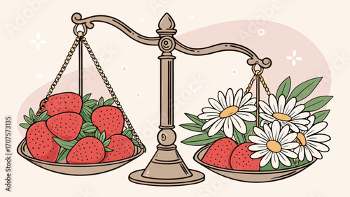 Scales balancing strawberries and daisies vector illustration food and nature concept