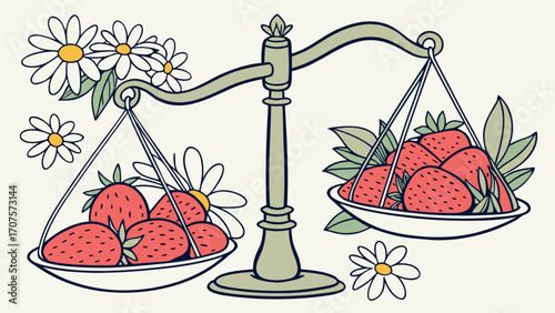 Strawberry and daisy balance scale illustration for food comparison and healthy eating concept