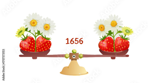 Balance scale with strawberries and flowers concept illustration for kids learning