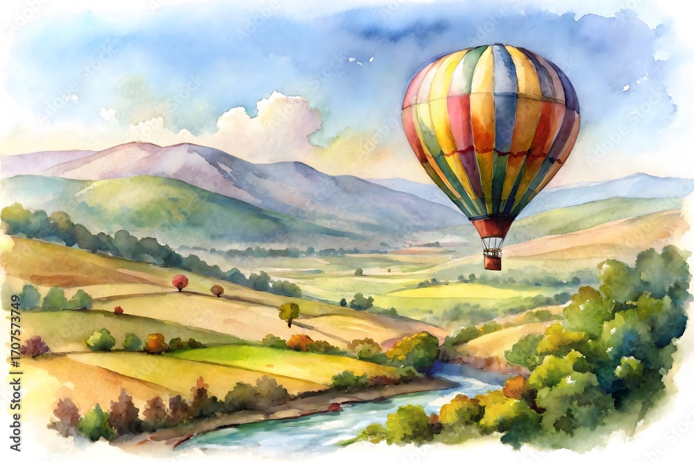 Obraz premium A scenic watercolor landscape with a hot air balloon flying over rolling hills and a river