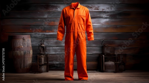 Bright Orange Workwear on Display Against Rustic Wooden Background
