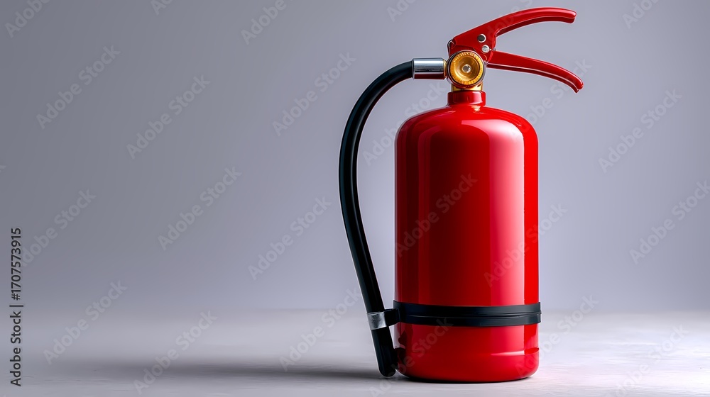 Fototapeta premium Bright Red Fire Extinguisher on Gray Background for Safety Awareness
