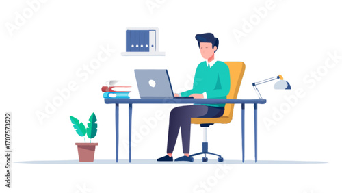 Man working at desk with laptop vector illustration office workspace and remote work concept