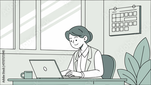 Illustration of woman working from home on laptop with calendar and plant vector art
