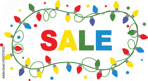 Colorful festive lights surround the word SALE, celebrating holiday shopping and special offers.