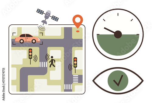 GPS satellite tracking vehicles and pedestrians at intersections, traffic lights with sensors, speed gauge, and ticked eye for safety. Ideal for transportation, traffic control, technology, urban