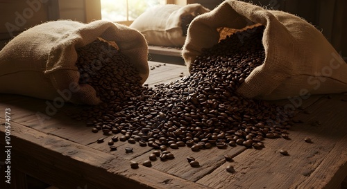 Fresh roasted coffee beans spilling from burlap sacks on rustic wooden tables, bathed in warm natural light, evoking cozy and inviting atmosphere.