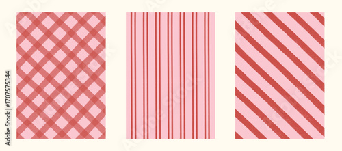 Festive seamless checkered, striped, diagonal doodle backgrounds in red and pink tones. Concept of Christmas candy cane, Valentine wrapping, and cozy xmas holiday surface design. Vector illustration.