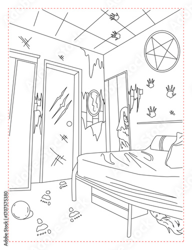 Creepy Bedroom with Scary Monster Coloring Page: Horror Art
