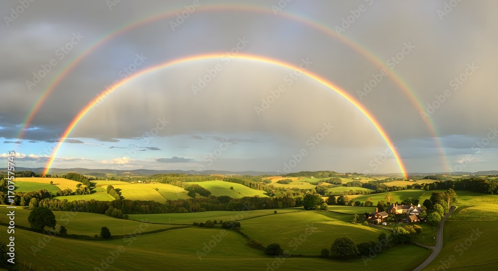 Naklejka premium Double rainbow over rolling hills