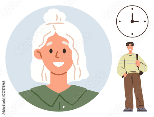 Portrait of cheerful woman in blouse, analog clock indicating time, young man in casual attire with bag. Ideal for time management, organization, teamwork, education, punctuality, routine