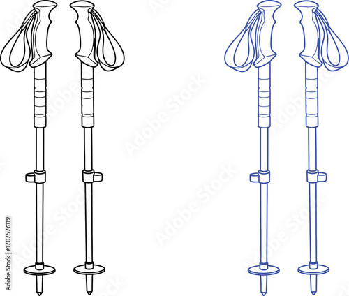Pair of adjustable trekking poles, one in black and white outline and the other in blue outline